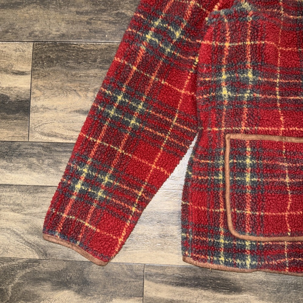 Orvis Deep-Pile Fleece Jacket Red Coat Plaid Women's Size L Toggle Front - Picture 3 of 8